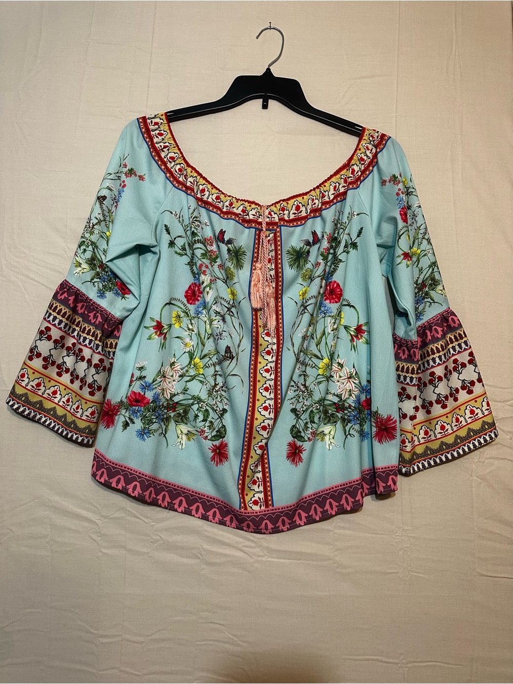 Umgee Light Blue Boho Floral Off-Shoulder Blouse